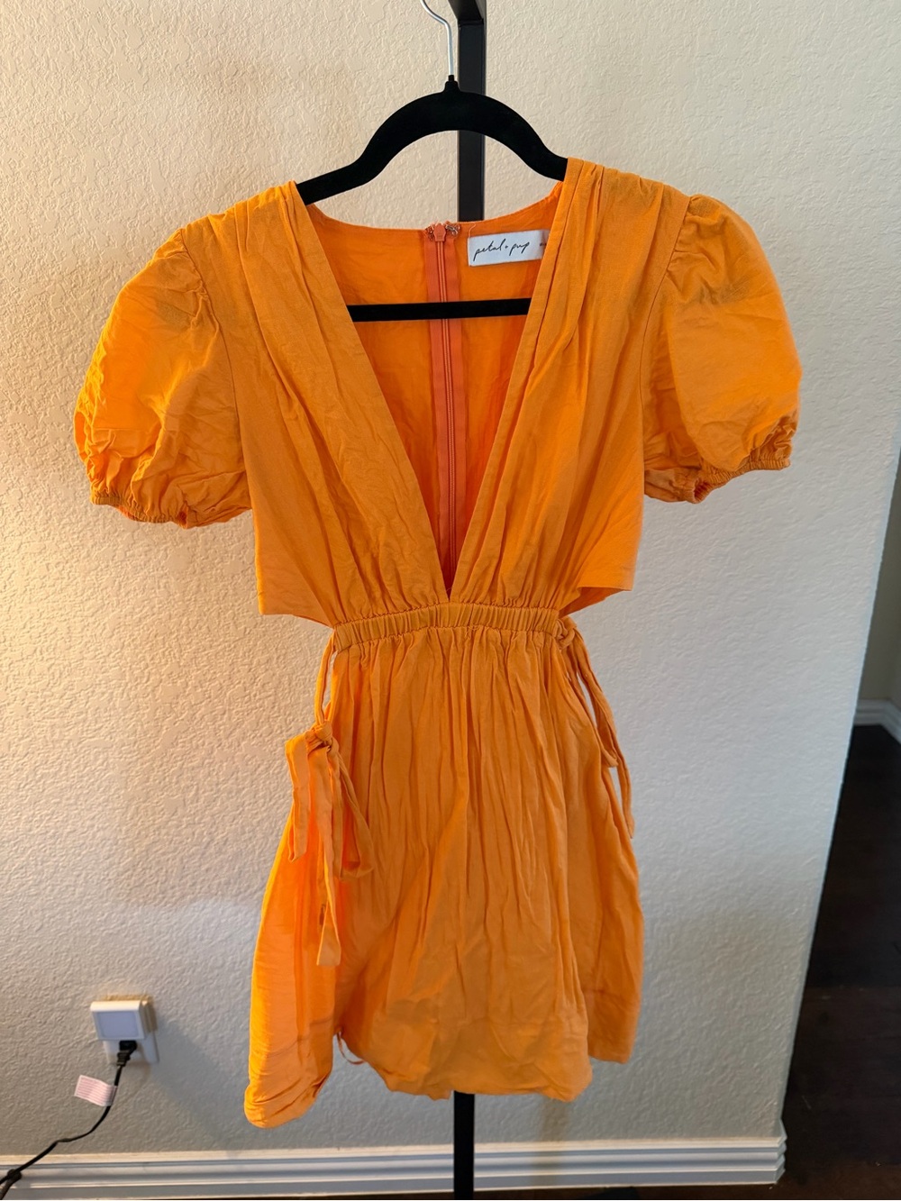 Petal & Pup Bright Orange V-Neck Puff Sleeve Mini Dress
